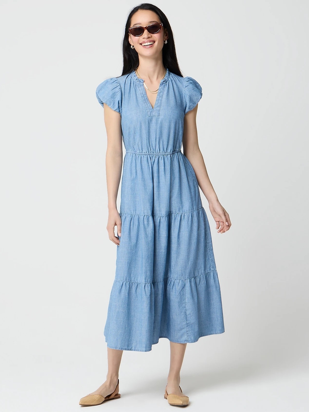 NWT Billa ChambrayJ.Crew Blue Tiered Midi Dress with Puff Sleeves Cotton Size 00